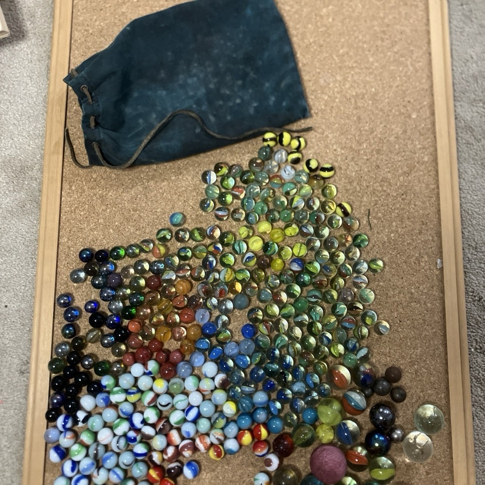 Vintage‎ Mixed Marble Lot Plus Marble Pouch Shooters Steelies Cats Eye